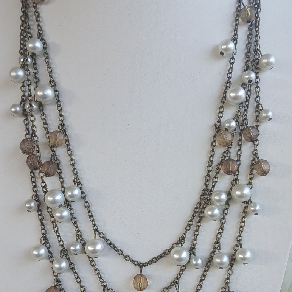 Paparazzi Layered Pearl and Brown Bead Brass Necklace LONG - Picture 5 of 9